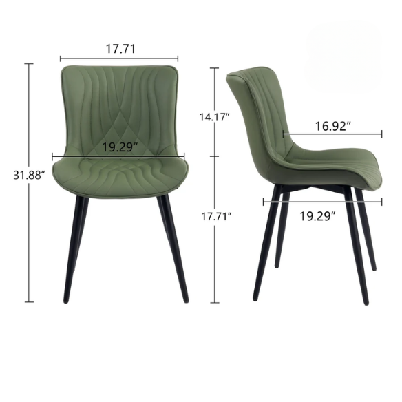 Set of 2 olive drab green faux leather dining chairs with fishtail backrest and metal legs, styled for a modern and mid-century inspired interior.