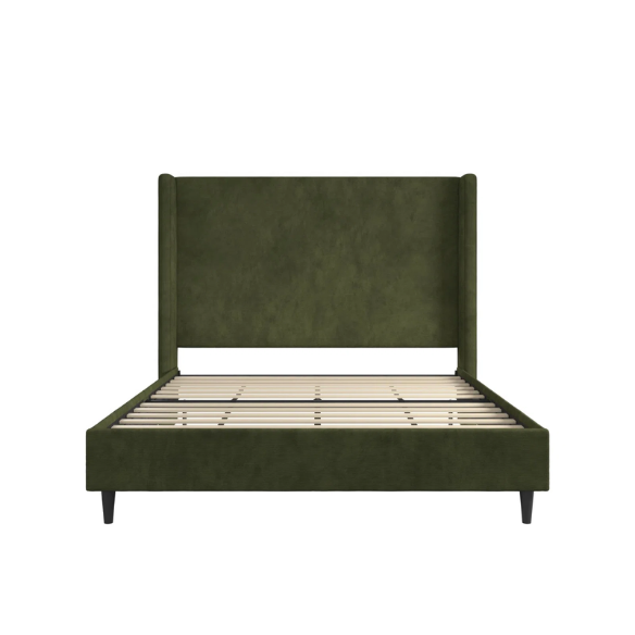 Olive drab soft woven queen-size platform bed with tall wingback tufted headboard and black tapered legs.