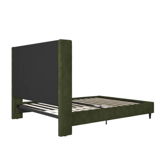Olive drab soft woven queen-size platform bed with tall wingback tufted headboard and black tapered legs.