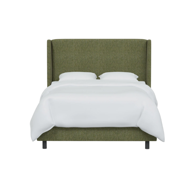 Olive green king-size upholstered bed in tweed fabric with wingback headboard and low-profile black metal legs.