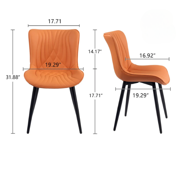 Set of 2 orange faux leather dining chairs with fishtail tufted backs and black metal legs, perfect for modern and colorful dining room settings.