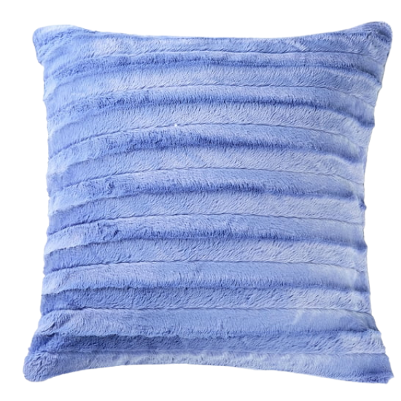 Set of two periwinkle faux fur throw pillows, 18x18 inches, square plush decorative cushions with microfiber fill—ideal for soft, pastel-toned interiors, nurseries, and cozy lounges