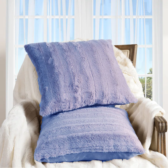 Set of two periwinkle faux fur throw pillows, 18x18 inches, square plush decorative cushions with microfiber fill—ideal for soft, pastel-toned interiors, nurseries, and cozy lounges