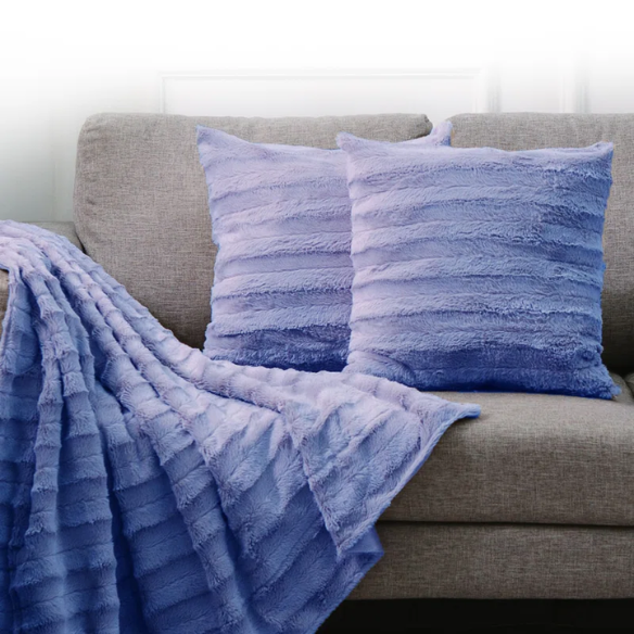 Set of two periwinkle faux fur throw pillows, 18x18 inches, square plush decorative cushions with microfiber fill—ideal for soft, pastel-toned interiors, nurseries, and cozy lounges