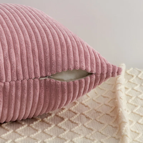 Set of 4 pink striped corduroy pillow covers – 18x18 decorative cushion covers in blush, rose, and dusty pink gradient with hidden zippers for feminine, boho, or modern decor.