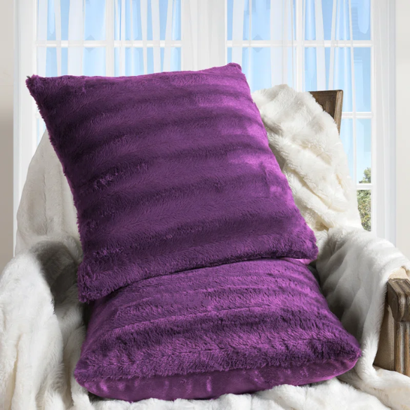 Set of two purple faux fur throw pillows, 18x18 inches, square plush decorative cushions with microfiber fill—perfect for adding vibrant color and comfort to sofas, beds, and modern interiors