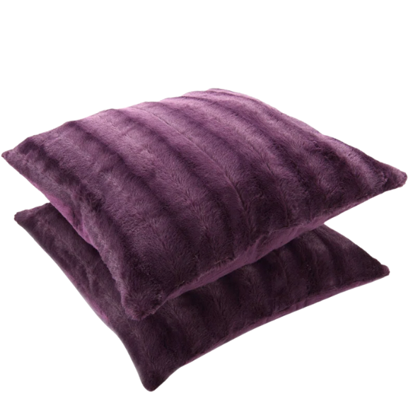 Set of two purple faux fur throw pillows, 18x18 inches, square plush decorative cushions with microfiber fill—perfect for adding vibrant color and comfort to sofas, beds, and modern interiors