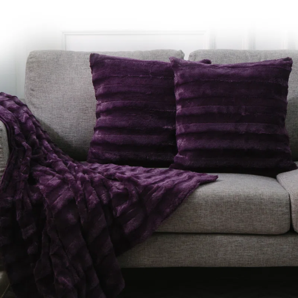 Set of two purple faux fur throw pillows, 18x18 inches, square plush decorative cushions with microfiber fill—perfect for adding vibrant color and comfort to sofas, beds, and modern interiors