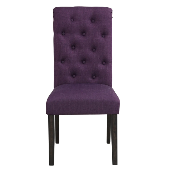 Set of 2 purple tufted high-back dining chairs with espresso-finished solid wood legs and soft polyester upholstery—ideal for adding color and elegance to dining spaces.