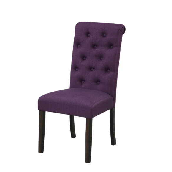 Set of 2 purple tufted high-back dining chairs with espresso-finished solid wood legs and soft polyester upholstery—ideal for adding color and elegance to dining spaces.