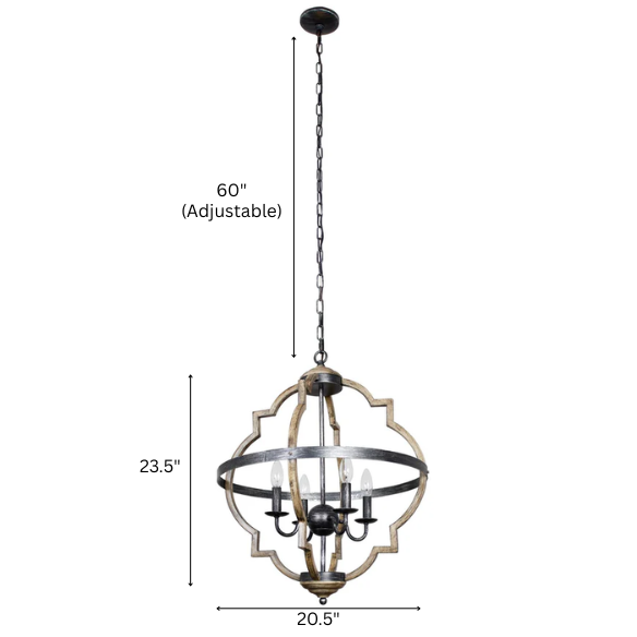 Rustic farmhouse 4-light chandelier with distressed metal frame and candle-style bulbs, hanging ceiling light for dining room or entryway