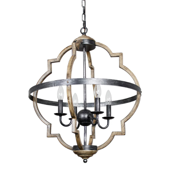Rustic farmhouse 4-light chandelier with distressed metal frame and candle-style bulbs, hanging ceiling light for dining room or entryway