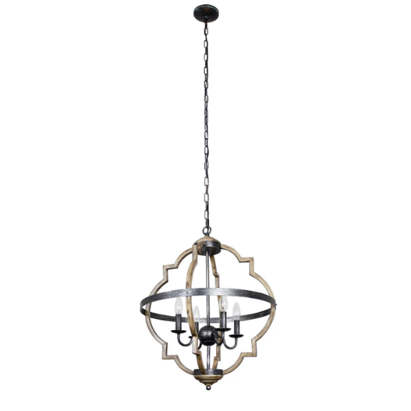 Rustic farmhouse 4-light chandelier with distressed metal frame and candle-style bulbs, hanging ceiling light for dining room or entryway