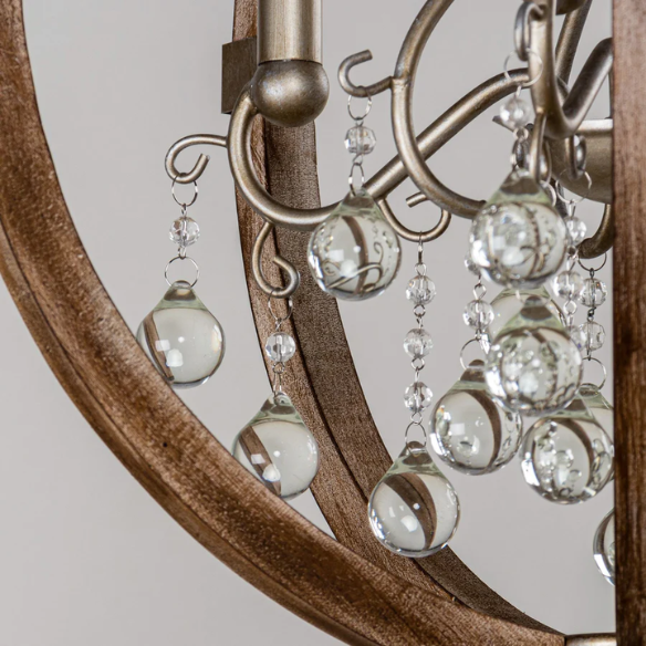 Rustic farmhouse orb chandelier with weathered wood frame, silver metal accents, and clear crystal drops – 4-light ceiling fixture for entryway, dining room, or bedroom