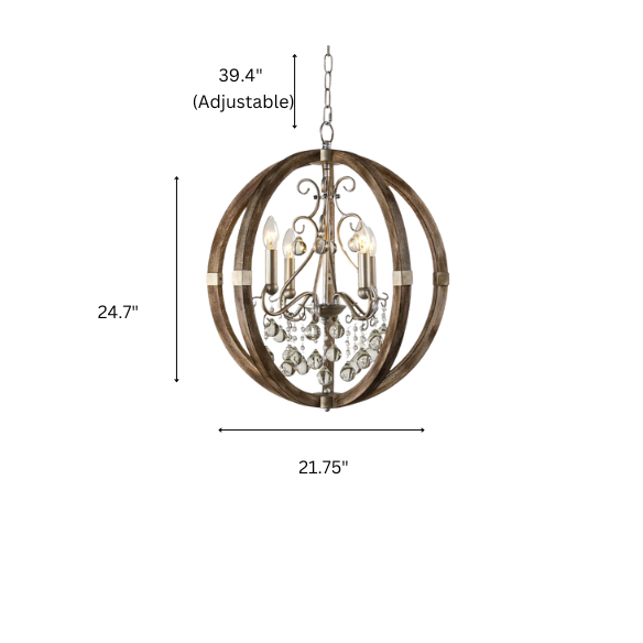Rustic farmhouse orb chandelier with weathered wood frame, silver metal accents, and clear crystal drops – 4-light ceiling fixture for entryway, dining room, or bedroom