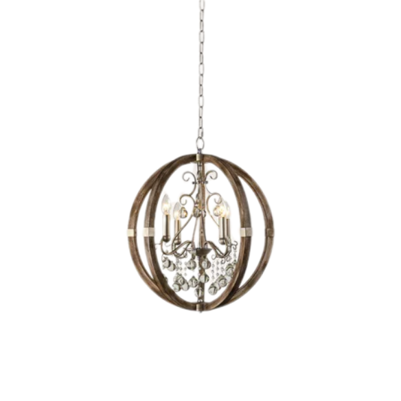Rustic farmhouse orb chandelier with weathered wood frame, silver metal accents, and clear crystal drops – 4-light ceiling fixture for entryway, dining room, or bedroom