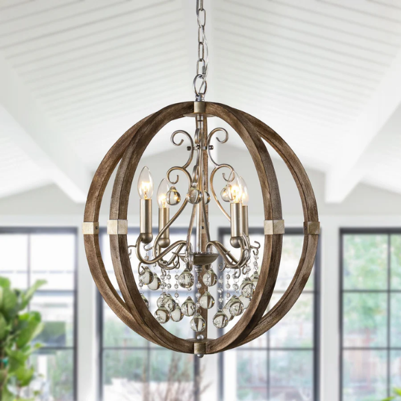 Rustic farmhouse orb chandelier with weathered wood frame, silver metal accents, and clear crystal drops – 4-light ceiling fixture for entryway, dining room, or bedroom