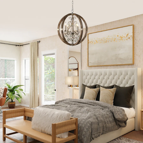 Rustic farmhouse orb chandelier with weathered wood frame, silver metal accents, and clear crystal drops – 4-light ceiling fixture for entryway, dining room, or bedroom