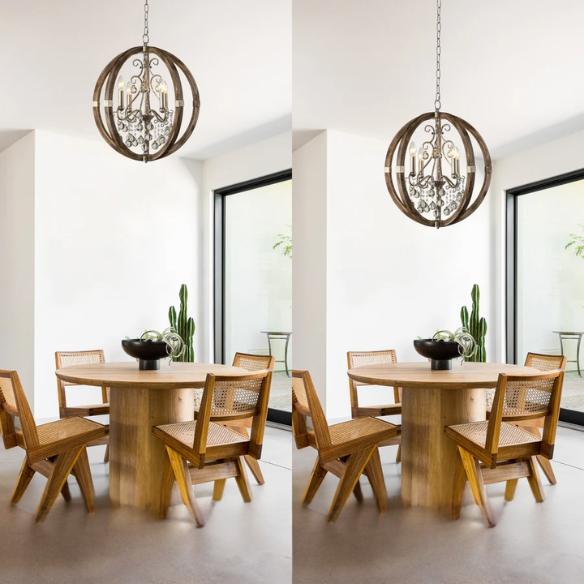 Rustic farmhouse orb chandelier with weathered wood frame, silver metal accents, and clear crystal drops – 4-light ceiling fixture for entryway, dining room, or bedroom