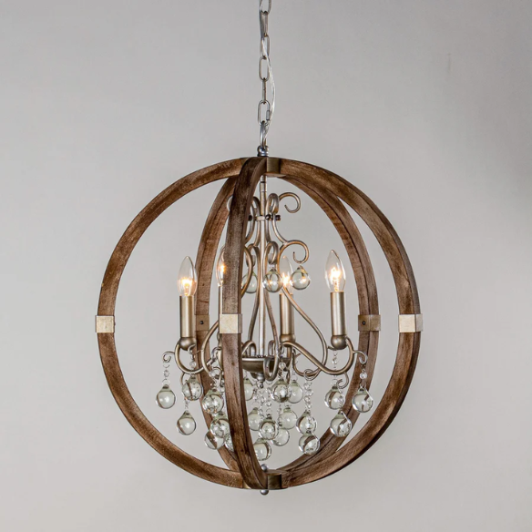 Rustic farmhouse orb chandelier with weathered wood frame, silver metal accents, and clear crystal drops – 4-light ceiling fixture for entryway, dining room, or bedroom