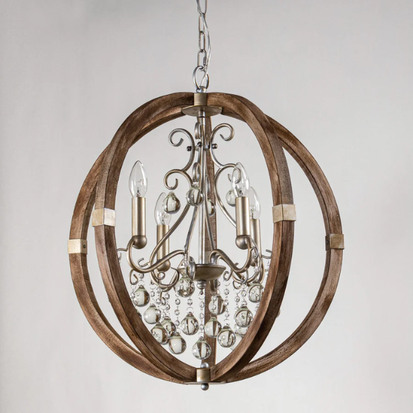 Rustic farmhouse orb chandelier with weathered wood frame, silver metal accents, and clear crystal drops – 4-light ceiling fixture for entryway, dining room, or bedroom