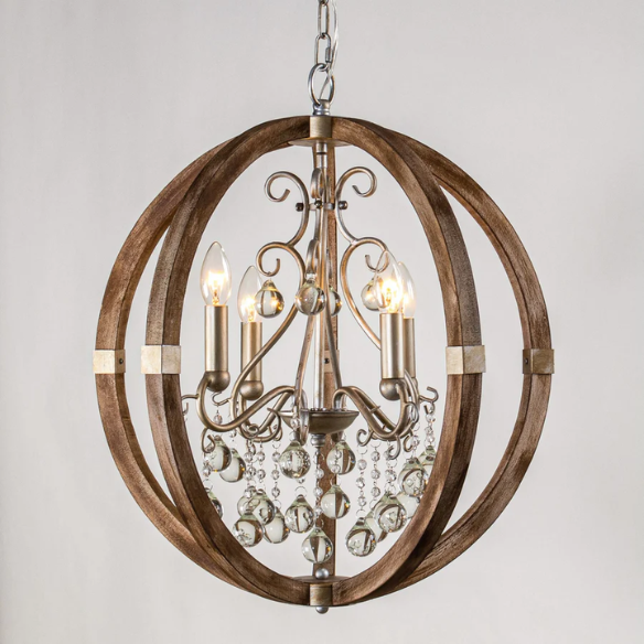 Rustic farmhouse orb chandelier with weathered wood frame, silver metal accents, and clear crystal drops – 4-light ceiling fixture for entryway, dining room, or bedroom