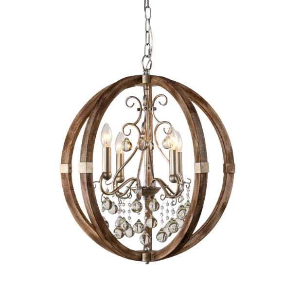 Rustic farmhouse orb chandelier with weathered wood frame, silver metal accents, and clear crystal drops – 4-light ceiling fixture for entryway, dining room, or bedroom