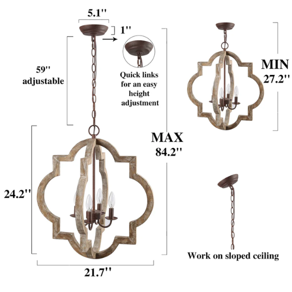 Rustic distressed wood and iron quatrefoil chandelier with candle-style lights and adjustable chain, ideal for farmhouse or French country interiors.