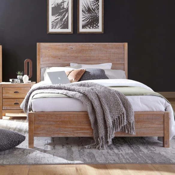 Rustic tan queen size solid wood bed frame with distressed plank headboard and sturdy pine construction