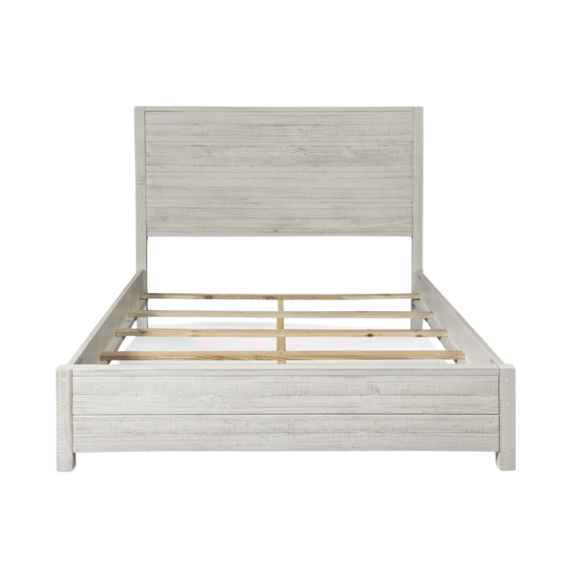 Rustic white queen-size bed frame made from solid pine wood with hand-distressed finish and plank-style headboard.