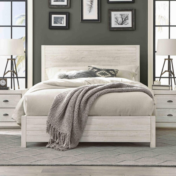 Rustic white queen-size bed frame made from solid pine wood with hand-distressed finish and plank-style headboard.
