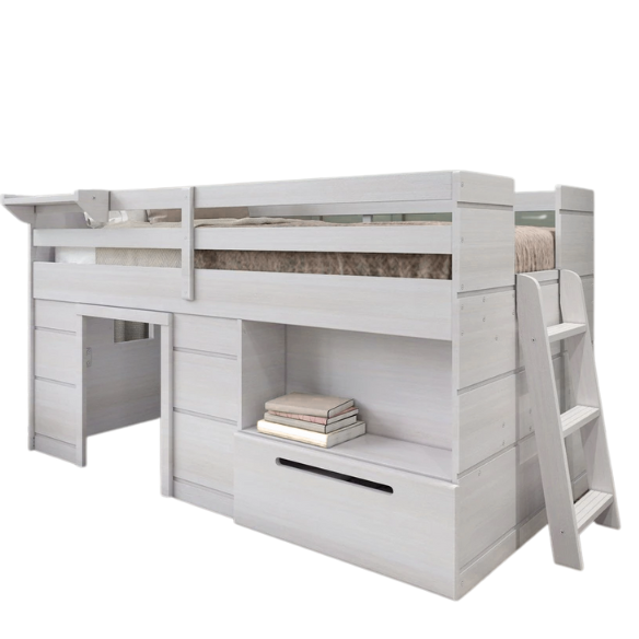 Rustic white twin low loft bed with angled ladder, built-in drawer, open shelf, and bedside tray – farmhouse style solid wood frame for children’s bedrooms