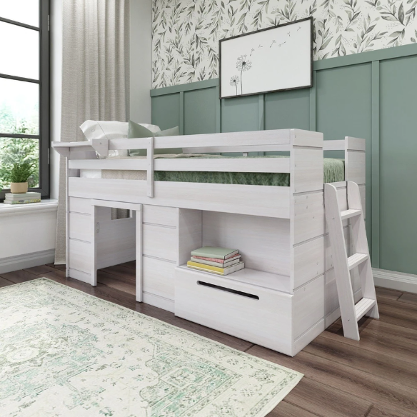 Rustic white twin low loft bed with angled ladder, built-in drawer, open shelf, and bedside tray – farmhouse style solid wood frame for children’s bedrooms