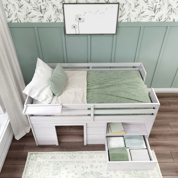 Rustic white twin low loft bed with angled ladder, built-in drawer, open shelf, and bedside tray – farmhouse style solid wood frame for children’s bedrooms