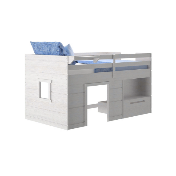 Rustic white twin low loft bed with angled ladder, built-in drawer, open shelf, and bedside tray – farmhouse style solid wood frame for children’s bedrooms