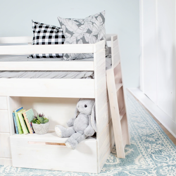 Rustic white twin low loft bed with angled ladder, built-in drawer, open shelf, and bedside tray – farmhouse style solid wood frame for children’s bedrooms