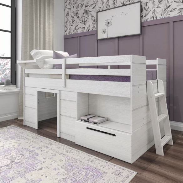 Rustic white twin low loft bed with angled ladder, built-in drawer, open shelf, and bedside tray – farmhouse style solid wood frame for children’s bedrooms