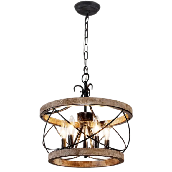 Rustic 5-light wood cage chandelier with distressed white birch finish, ideal for dining rooms, kitchen islands, and entryways