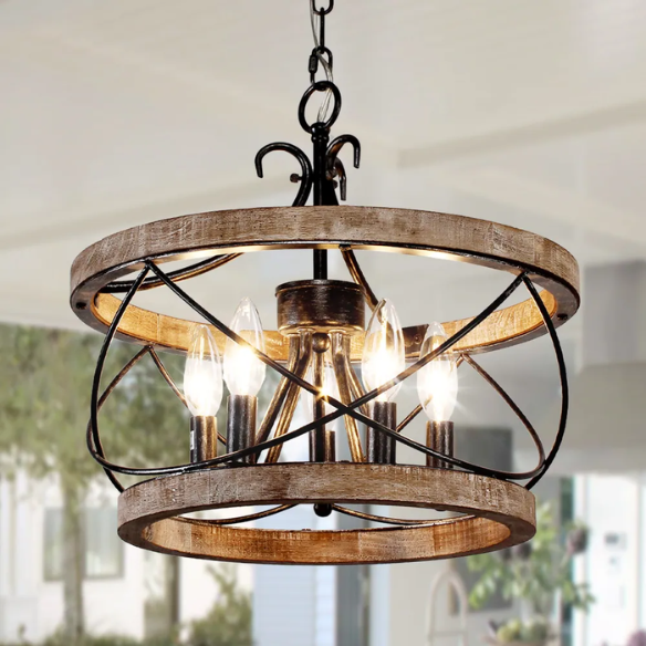 Rustic 5-light wood cage chandelier with distressed white birch finish, ideal for dining rooms, kitchen islands, and entryways