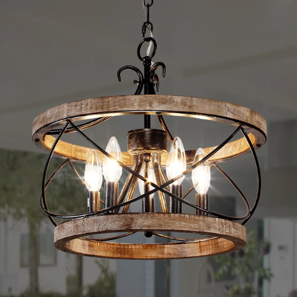Rustic 5-light wood cage chandelier with distressed white birch finish, ideal for dining rooms, kitchen islands, and entryways