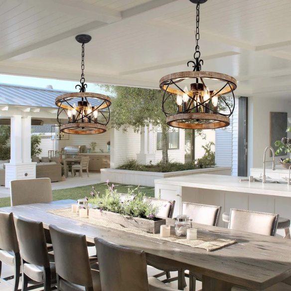 Rustic 5-light wood cage chandelier with distressed white birch finish, ideal for dining rooms, kitchen islands, and entryways