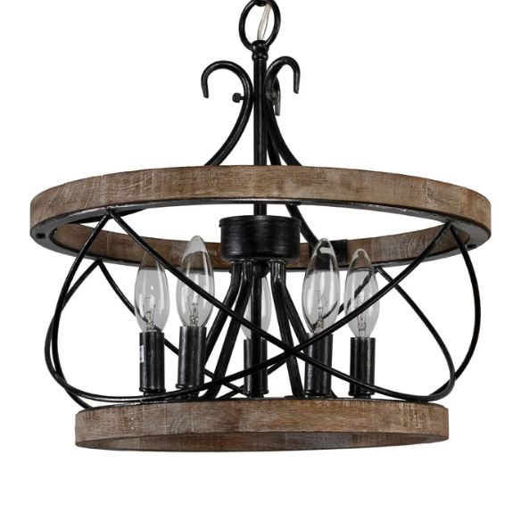 Rustic 5-light wood cage chandelier with distressed white birch finish, ideal for dining rooms, kitchen islands, and entryways