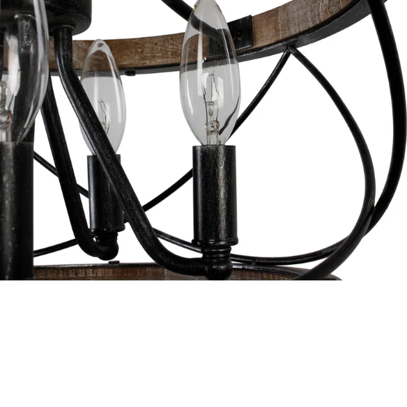 Rustic 5-light wood cage chandelier with distressed white birch finish, ideal for dining rooms, kitchen islands, and entryways