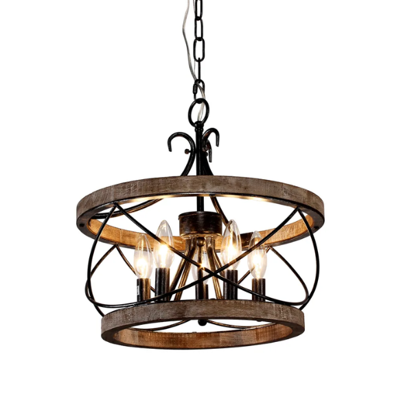 Rustic 5-light wood cage chandelier with distressed white birch finish, ideal for dining rooms, kitchen islands, and entryways