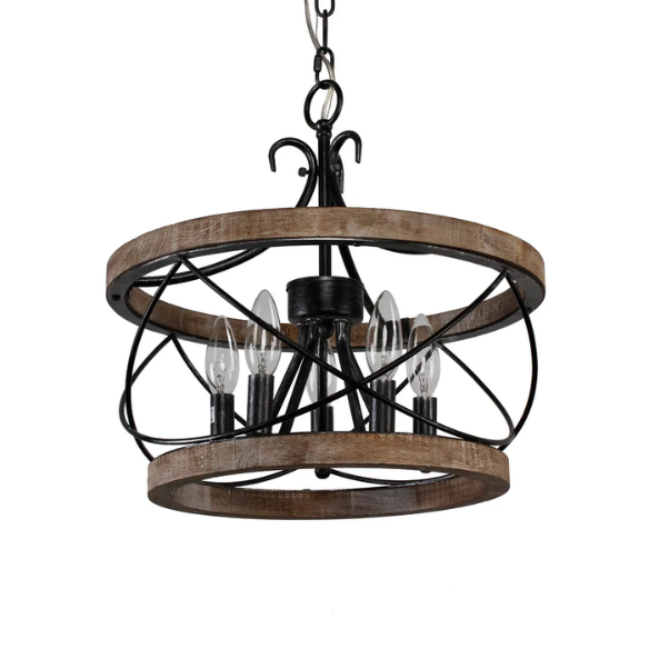 Rustic 5-light wood cage chandelier with distressed white birch finish, ideal for dining rooms, kitchen islands, and entryways