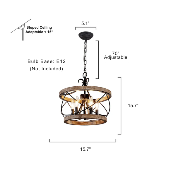 Rustic 5-light wood cage chandelier with distressed white birch finish, ideal for dining rooms, kitchen islands, and entryways