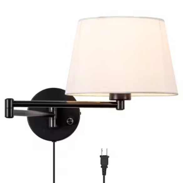Set of 2 black swing arm wall sconces with white linen shades, adjustable arms, and plug-in or hardwired installation for bedroom or living room use