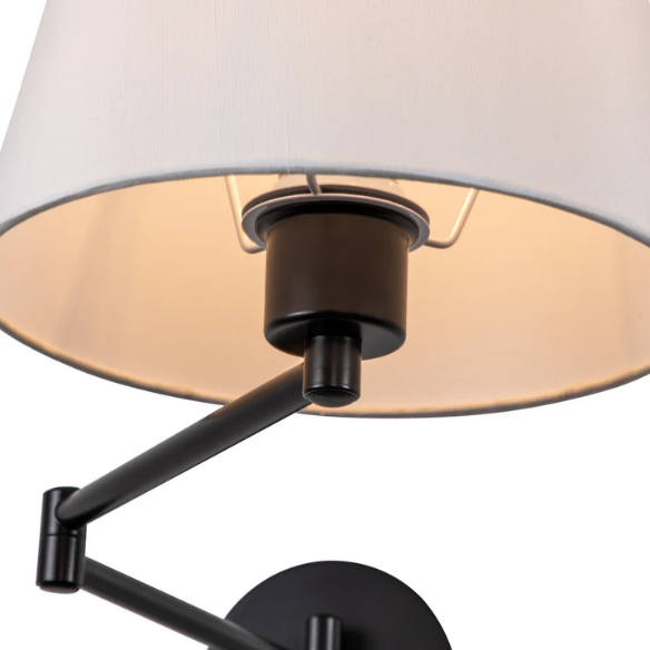 Set of 2 black swing arm wall sconces with white linen shades, adjustable arms, and plug-in or hardwired installation for bedroom or living room use