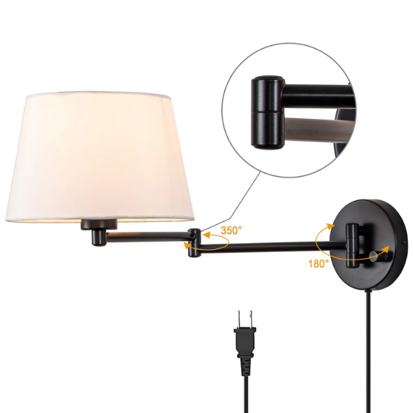 Set of 2 black swing arm wall sconces with white linen shades, adjustable arms, and plug-in or hardwired installation for bedroom or living room use