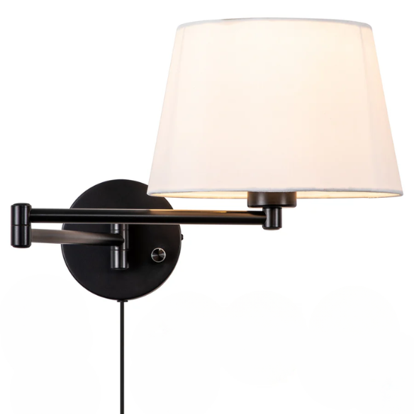 Set of 2 black swing arm wall sconces with white linen shades, adjustable arms, and plug-in or hardwired installation for bedroom or living room use